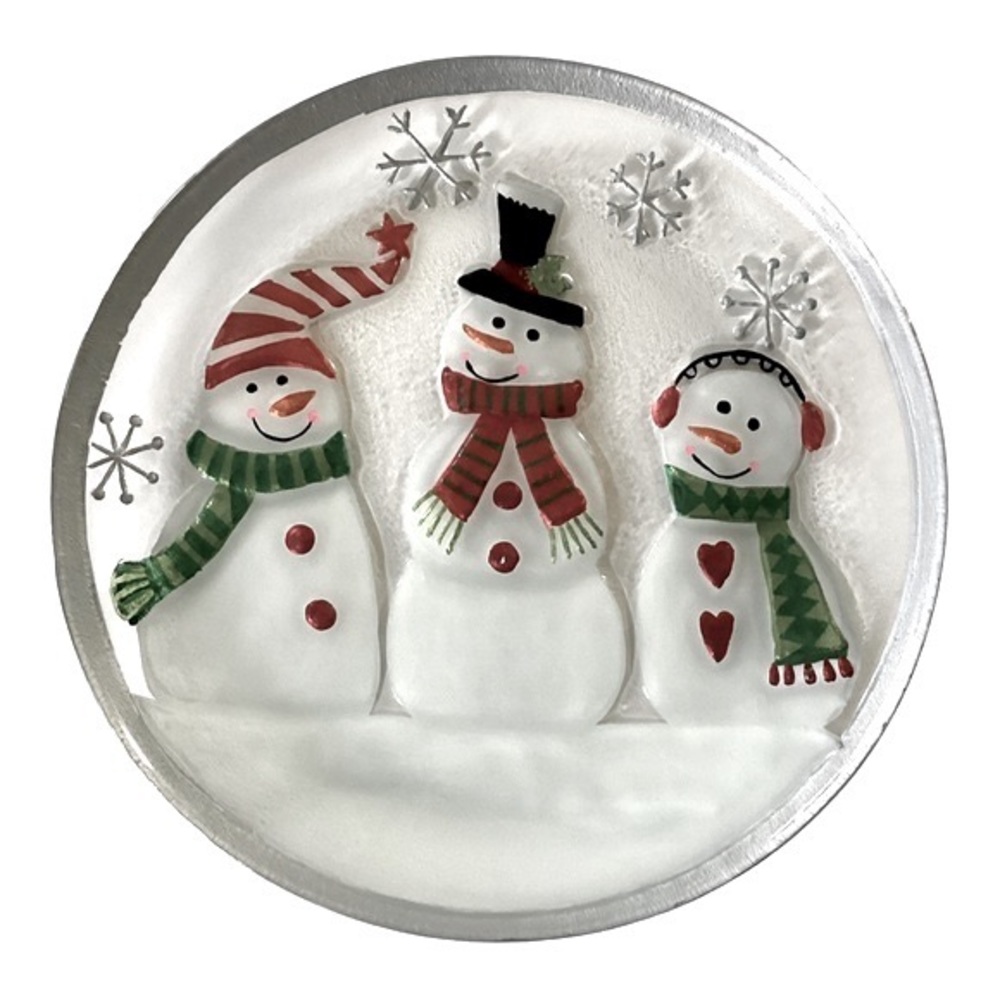 Ganz Fused Glass Round Snowmen Holiday Serving Platter Red Green White Silver - Picture 1 of 7